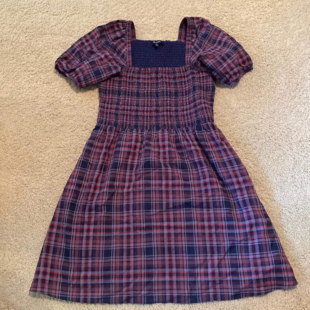 Madewell Lucie Puff-Sleeve Smocked Mini Dress in Rockfern Plaid